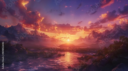 Celestial Tapestry  A breathtaking sunset adorned with a sky filled with billowing clouds and sparkling stars.