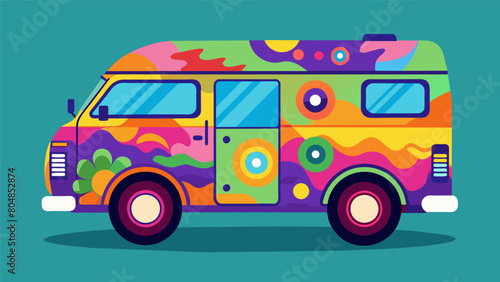 An eyecatching mobile vinyl van covered in graffiti art and boasting a highquality record player making its way to different community parks and Vector illustration