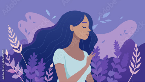 A woman closes her eyes and takes a deep breath enveloped in the sweet scent of the lavender bush shes tending to.. Vector illustration