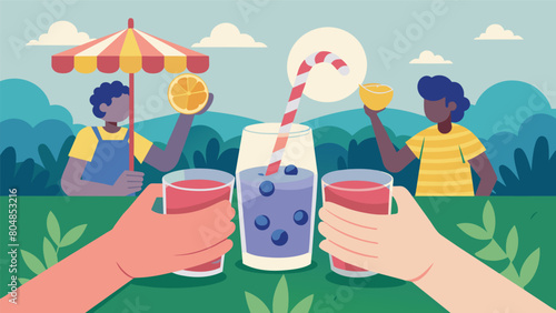 At a backyard cookout friends raise their glasses of homemade blueberry lemonade spiked with vodka and served with a straw wrapped in red and white. Vector illustration