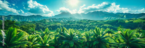 Tropical Island Scenery, Lush Green Palms and Blue Sky Over a Sandy Beach