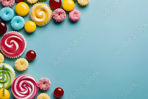 Candy and sweets in copy-space background concept, big blank space. Place to adding text blank copy space. Chocolate Toffee Mix