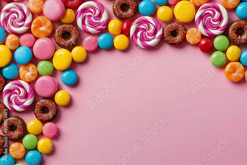 Candy and sweets in copy-space background concept, big blank space. Place to adding text blank copy space. Sweet Jelly Beans