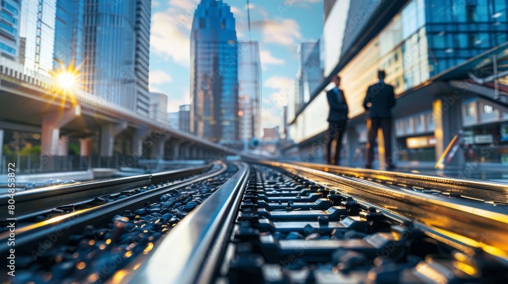Railway tracks in the city with blurred businessmen in the background