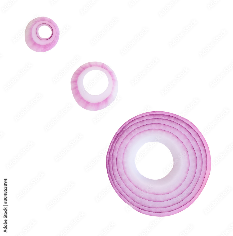 Top view set of red or purple onion slices or onion rings scattered isolated on white background with clipping path