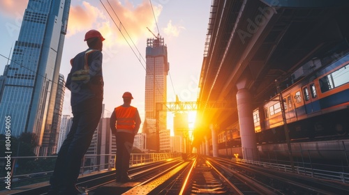 Two construction workers are standing on a railway track in front of a moving train. photo