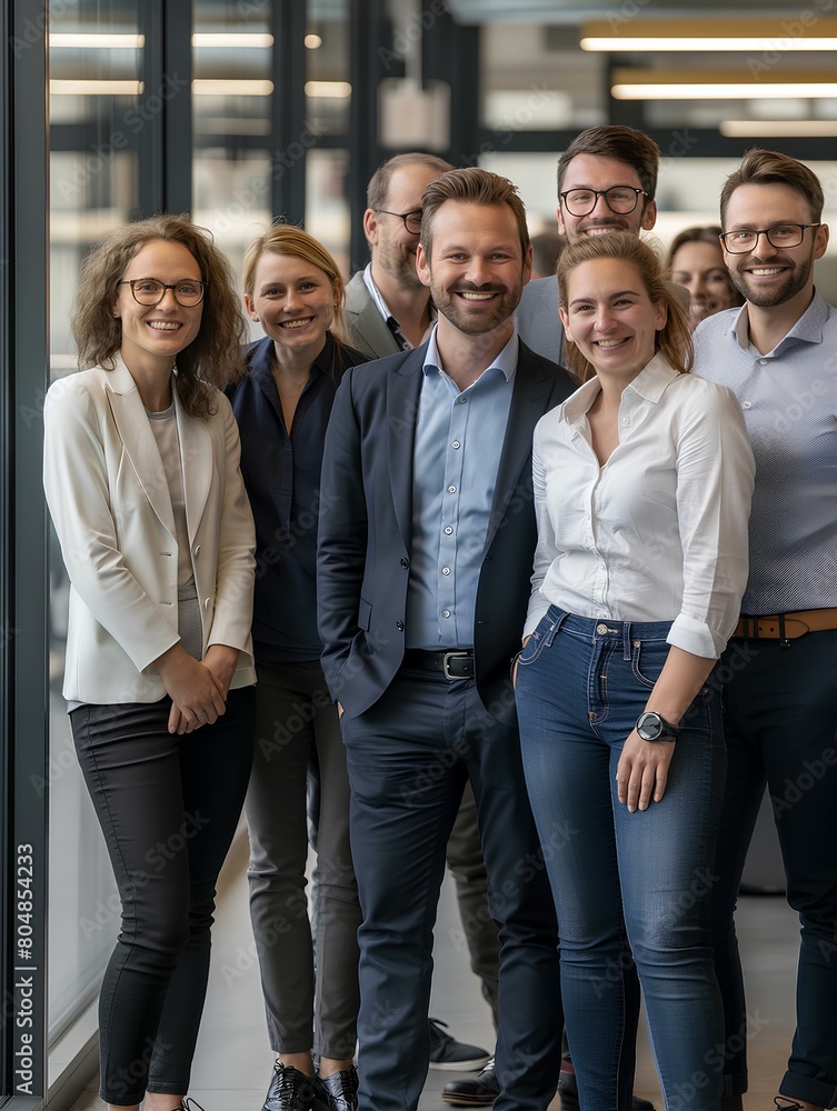 Happy business team standing together in the office, smiling at the camera. A strong, smart, confident group of professional businesspeople looking forward to success at a work meeting. generative AI