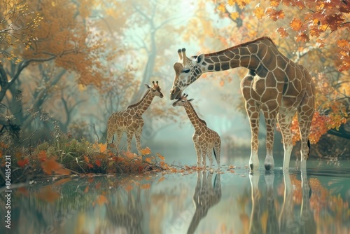 a giraffe with his baby near the pond in dry forest