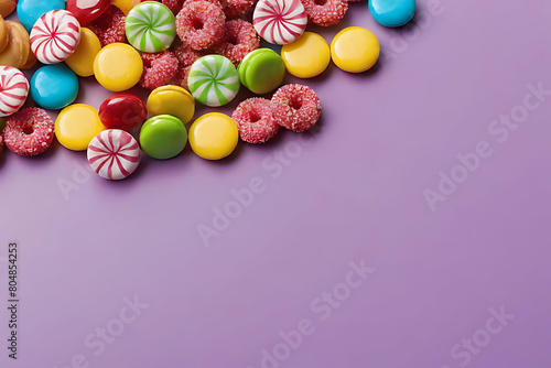 Candy and sweets in copy-space background concept  big blank space. Place to adding text blank copy space. Sugary Gum Drops