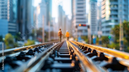 rusty railroad tracks in the foreground with blurred cityscape and two people walking away in the background photo