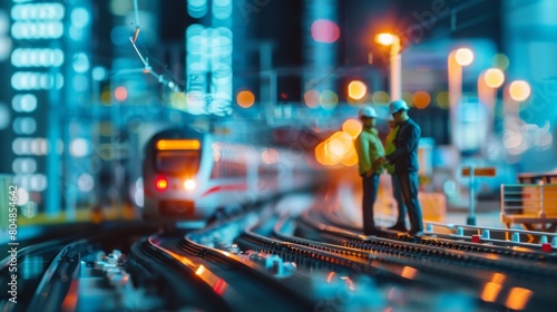 A model train passing through a model city with two model workers standing nearby. photo