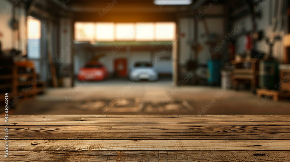 Empty wooden product table overlooking blurred garage view, Ai generated Images Empty wooden product table overlooking blurred garage view, Ai generated Images