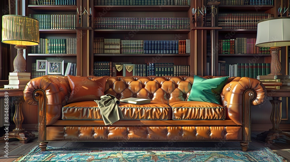 Attractive Leather sofa and retro library