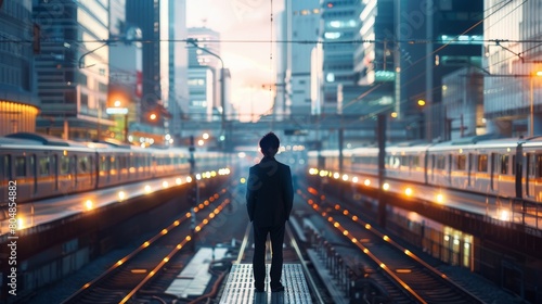 A man standing on a train platform looking out at the city. photo