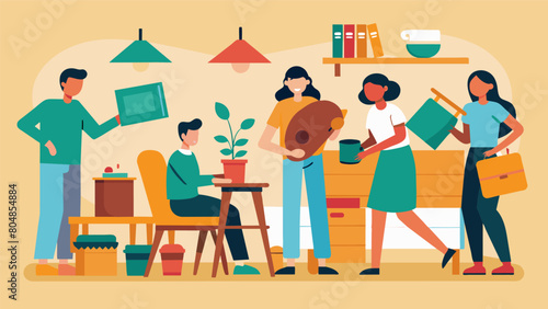 The workshop hosts a swap meet where participants can bring in old furniture and trade it for soing they can restore and make their own.. Vector illustration