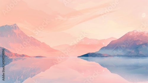 Picture a landscape where the calm rhythms of nature are captured in a minimal illustration, with mountains and a lake bathed in gentle peach hues, reflecting a peaceful setting AI Generate
