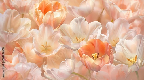 Picture a harmonious array of tulip flowers  each petal delicately colored in peach and peach fuzz tones  forming a beautifully soft and cohesive floral background AI Generate