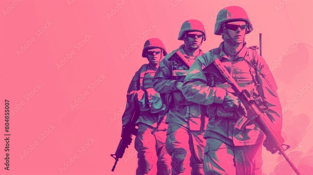 Silhouetted soldiers in combat gear on a vibrant pink background. Military and design art concept. Design for creative military-themed posters, awareness campaigns Silhouetted soldiers in combat gear on a vibrant pink background. Military and design art concept. Design for creative military-themed posters, awareness campaigns