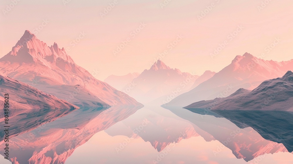 Think of a minimalist depiction of a mountain and lake landscape, where calming rhythms flow through the soft peach tones, offering a serene escape into nature AI Generate