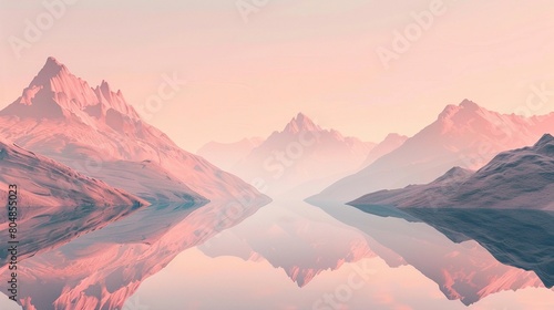 Think of a minimalist depiction of a mountain and lake landscape  where calming rhythms flow through the soft peach tones  offering a serene escape into nature AI Generate