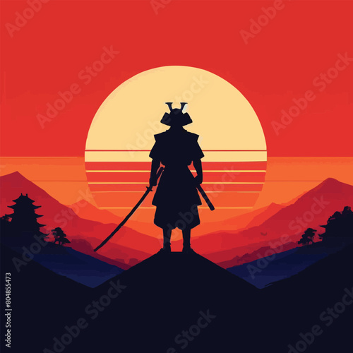 Vector sunset samurai silhouette background