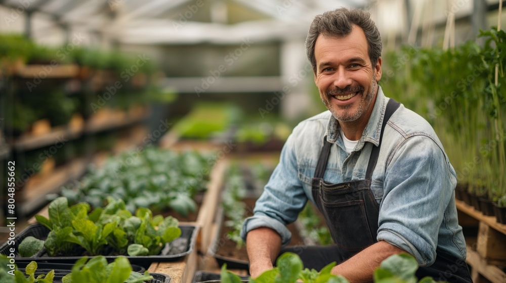 Smiling Farmer Tending Organic Vegetables in Greenhouse Smiling Farmer Tending Organic Vegetables in Greenhouse