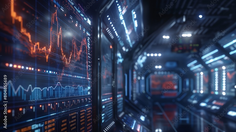 Obraz premium Futuristic Server Room with Glowing Financial Charts