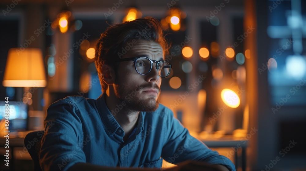 Focused Man Working Late on Computer Focused Man Working Late on Computer