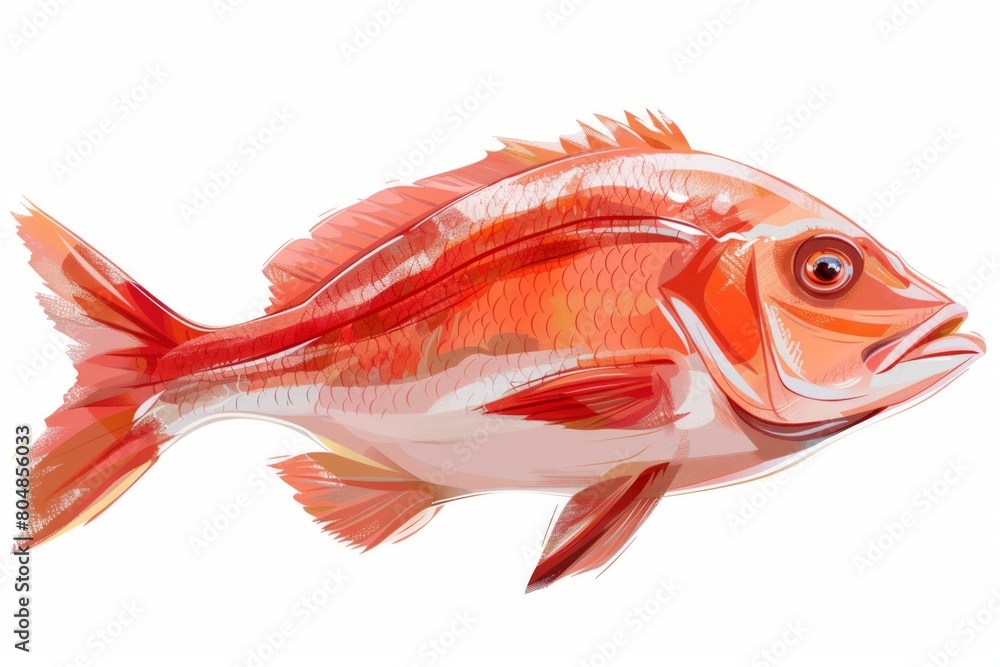 Fototapeta premium Colorful fish placed against a clean white background, juxtaposed with a tomato and an orange. Playful still life arrangement.