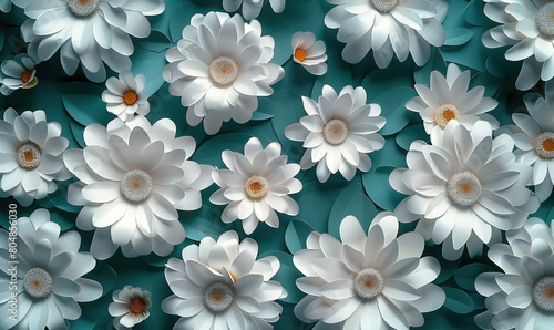A vibrant pattern of white daisies with yellow centers on a teal background. Generate AI © VinaAmeliaGRPHIC