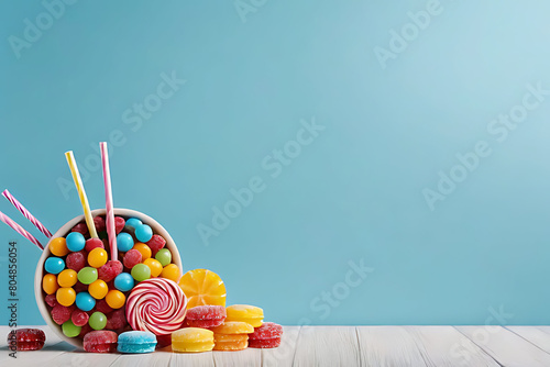 Candy and sweets in copy-space background concept, big blank space. Place to adding text blank copy space. Sweet Candy Cravings photo