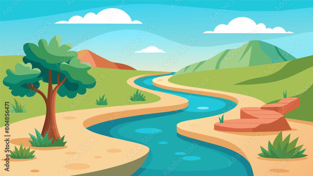 A winding path leading to a secluded oasis featuring a natural spring and ample space for stretching in the cool refreshing water.. Vector illustration