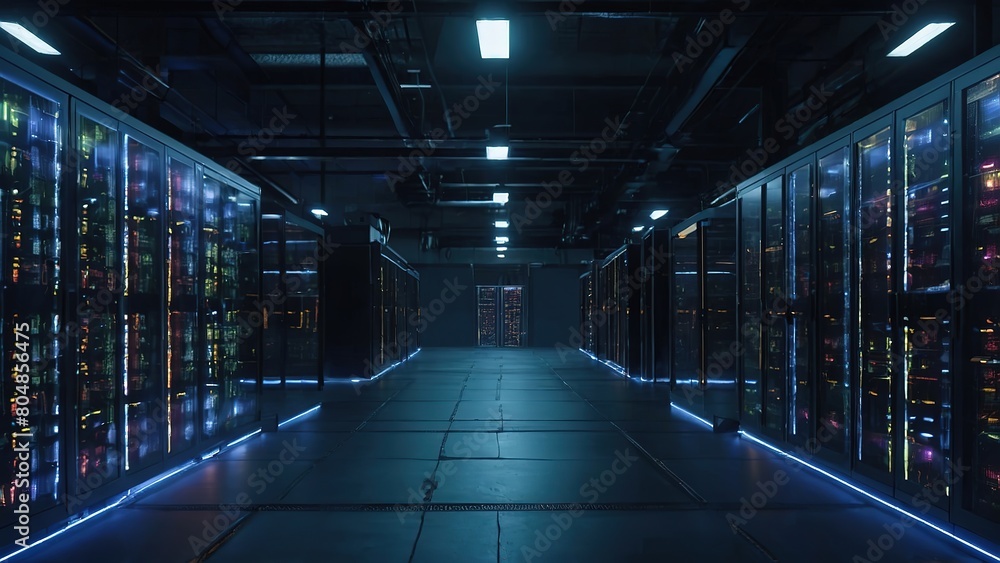 Server racks from a modern data centre in a dark room with visual ...