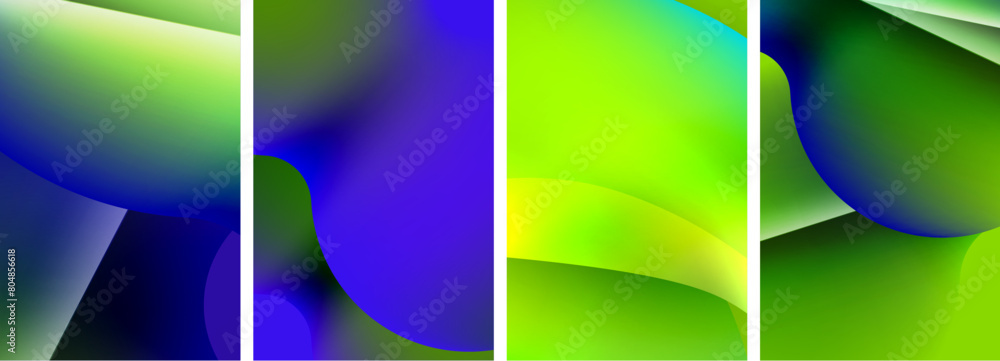 A colorful collage featuring shades of green, blue, purple, and violet in abstract backgrounds with shapes like rectangles and circles