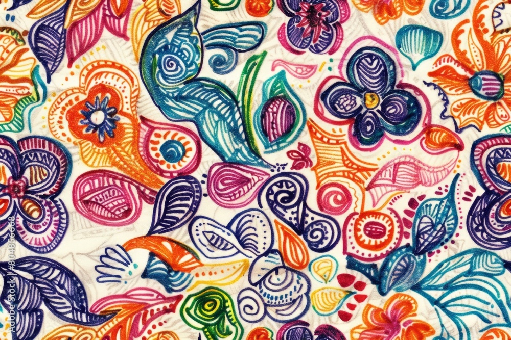 Naklejka premium Colorful abstract floral pattern. Hand-drawn flowers and leaves. Design for poster, banner, wallpaper, print