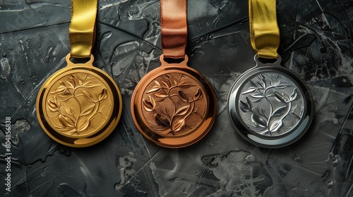 three olympic medallions on a grey stone background