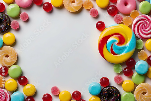 Candy and sweets in copy-space background concept, big blank space. Place to adding text blank copy space. Sweet Chocolate Charms
