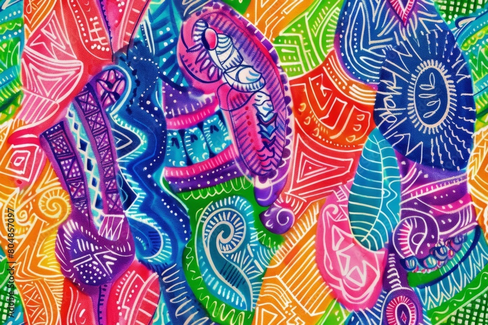 Obraz premium Colorful abstract pattern with paisley and geometric shapes. Vibrant and intricate design. Ethnic and artistic concept for textile and wallpaper