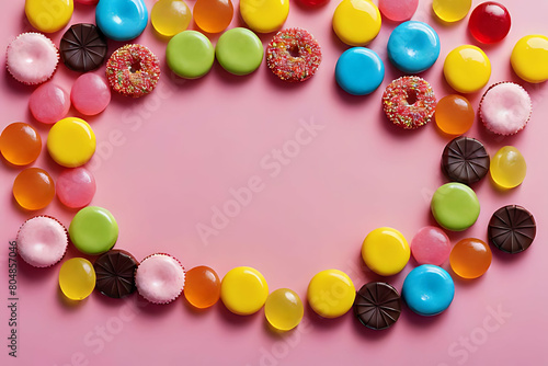 Candy and sweets in copy-space background concept, big blank space. Place to adding text blank copy space. Sweet Chocolate Stars