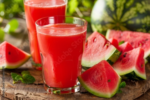 A glass of watermelon juice is poured into a glass next to a plate of watermelon