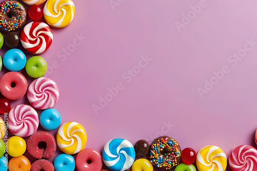 Candy and sweets in copy-space background concept, big blank space. Place to adding text blank copy space. Sweet Candy Fun