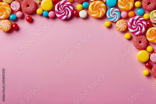 Candy and sweets in copy-space background concept, big blank space. Place to adding text blank copy space. Chocolate Covered Caramels