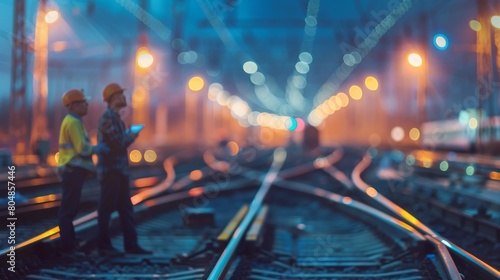 Railway workers inspecting tracks at night photo