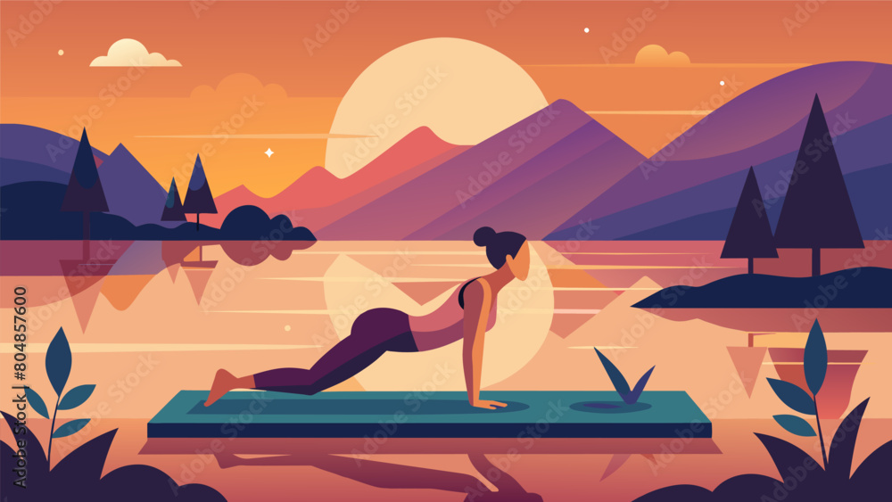 The retreat concludes with a beautiful lakeside sunset Pilates session reflecting on the progress made and the importance of selfcare and relaxation.. Vector illustration