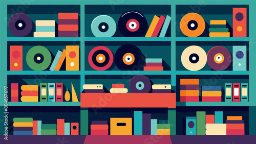 The repair shop is filled with shelves of all different sizes and colors of vinyl records waiting to be repaired and given a new life. Vector illustration