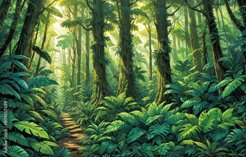  Lush Rainforest  Dense foliage  towering trees  and abundant wildlife. Landscape