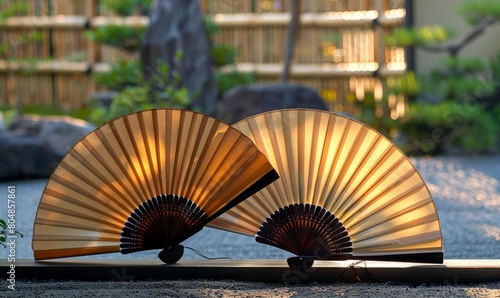 Serene Japanese Garden with Elegant Traditional Fans