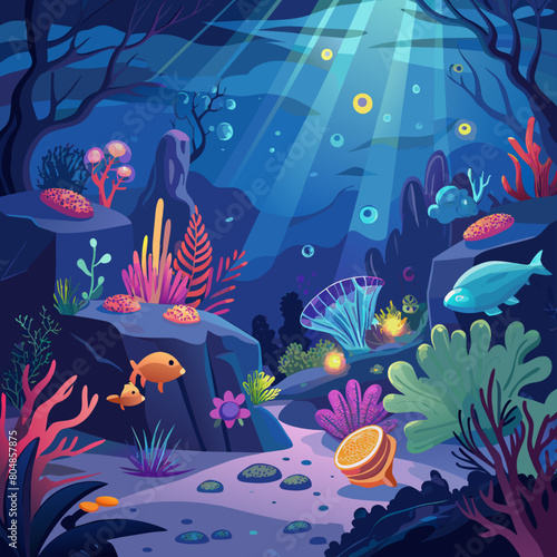 underwater world with fishes  Underwater ocean scenes with glowing coral and marine life.