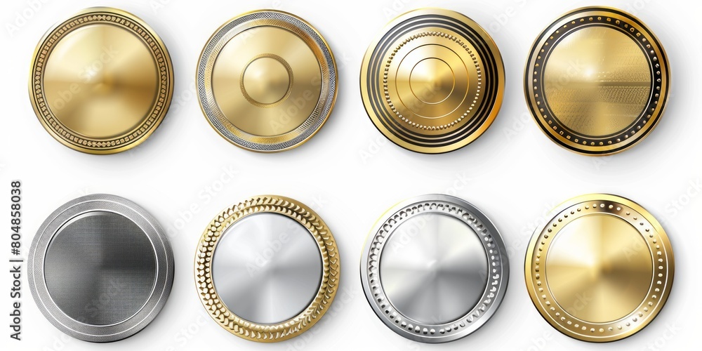 A set of gold and silver circular objects with a patterned design