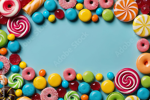 Candy and sweets in copy-space background concept, big blank space. Place to adding text blank copy space. Sweet Cotton Candy